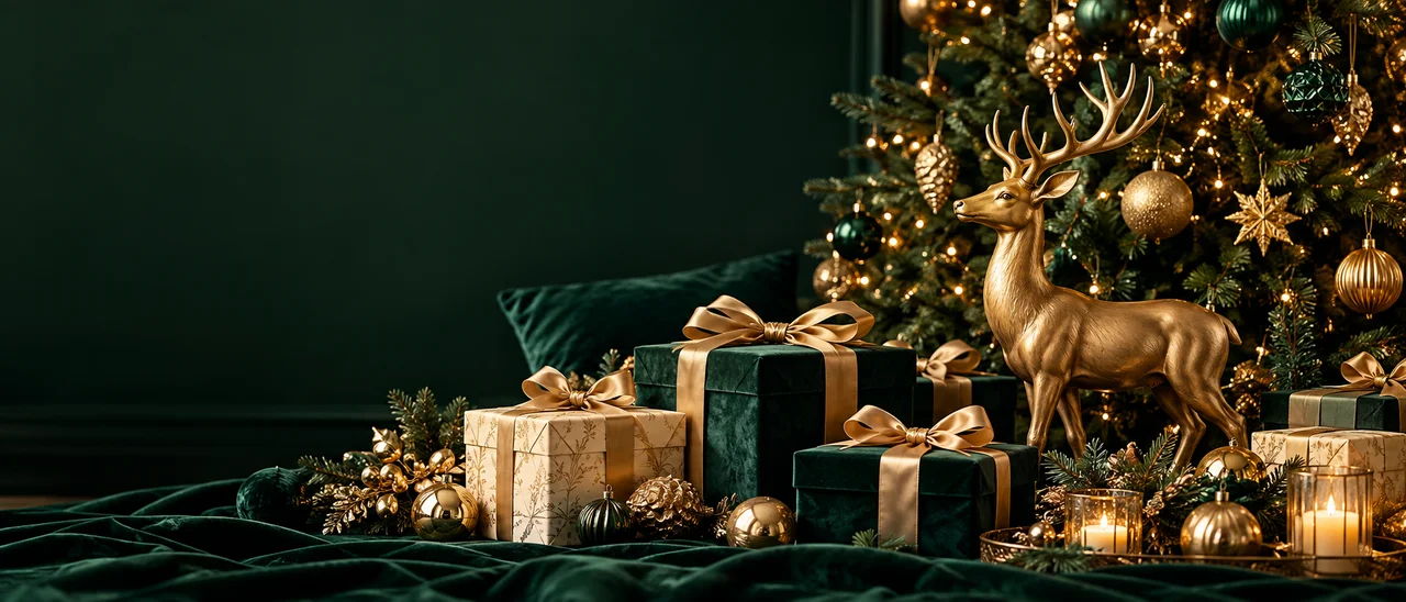 A golden deer and wrapped gifts beside a Christmas tree on dark green velvet.
