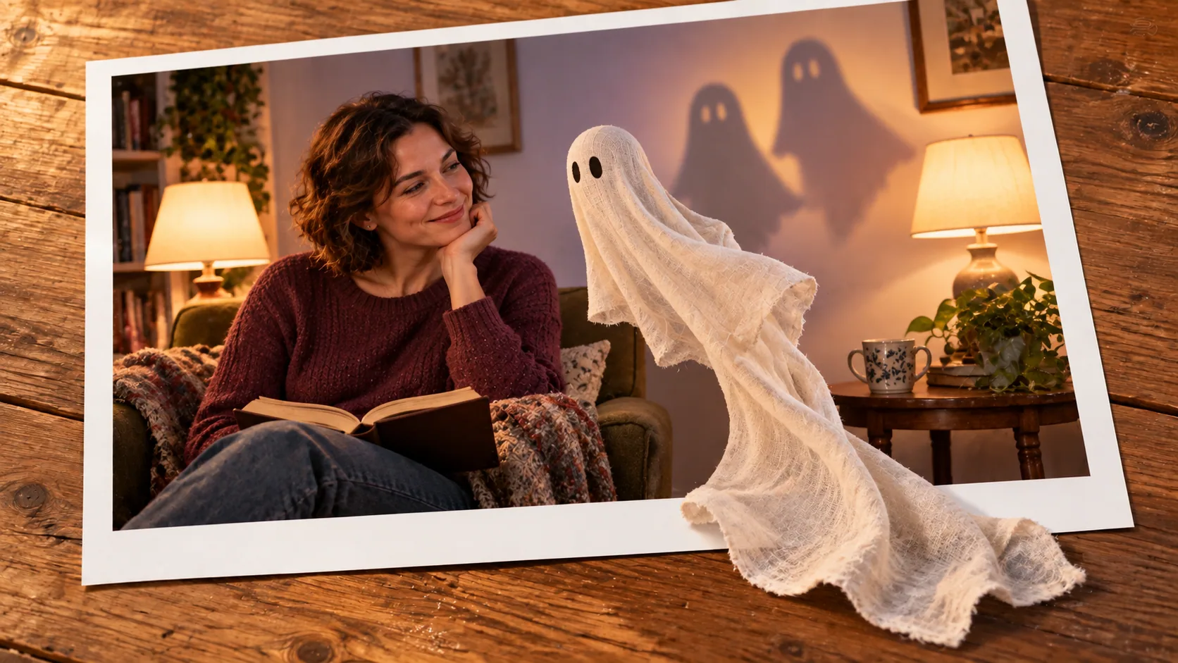 Photographic scene: The Ghost with Double Shadows; as a photograph on wood with a protruding story prop.