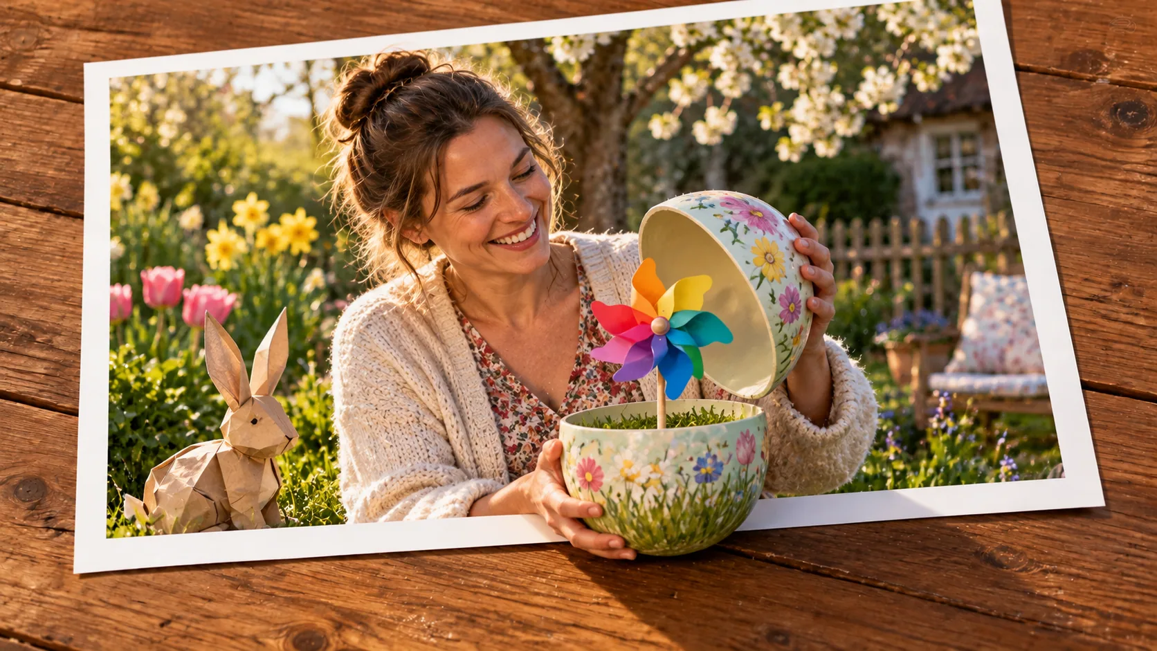 Photographic scene: The Easter Egg Behind the Wrong Leaf; as a photograph on wood with a protruding story prop.