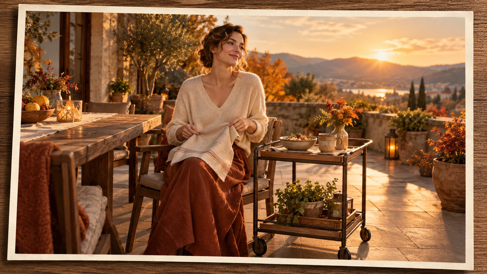 Woman with a cloth napkin sitting beside a trolley with a bowl and mug on a sunny terrace.