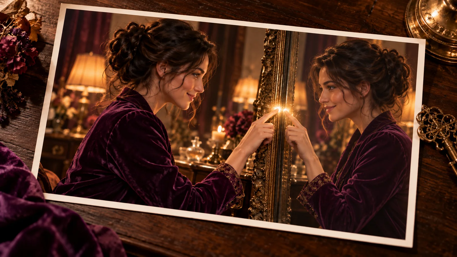 Woman and her reflection touch a glowing point on a mirror frame with their fingertips.