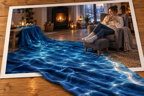 The Room Becomes a Bay: A blue cloth turns the floor into a quiet bay of light.