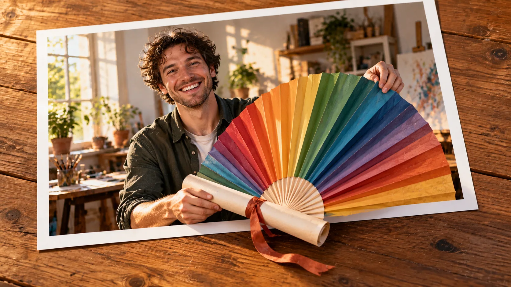 Photographic scene: Your Graduation Opens a Fan; as a photograph on wood with a protruding story prop.