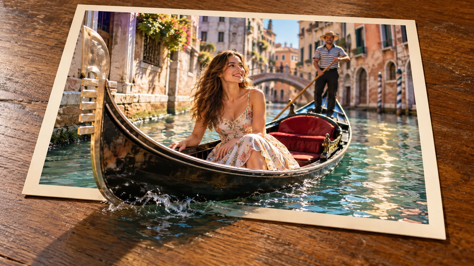 A woman sits in a gondola on a sunny canal; boat and water extend beyond the photo.