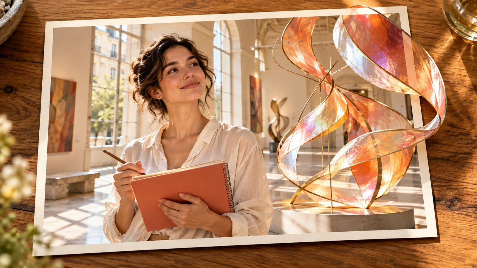 A woman with a sketchbook looks at a translucent light sculpture emerging from a photograph of a bright gallery.