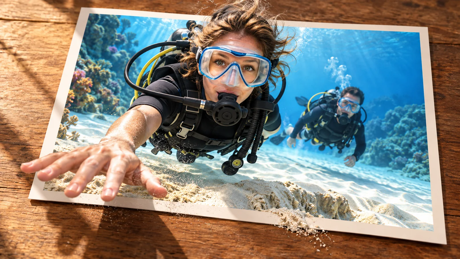 A diver with a mask and regulator hovers above sand with a dive buddy; her hand reaches beyond the photograph.
