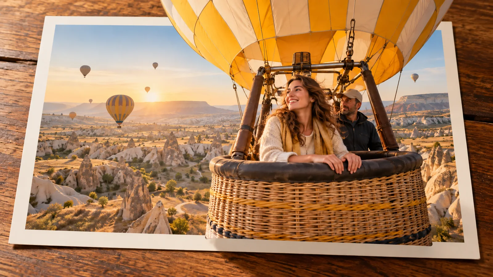 A woman and a balloon operator stand in the high basket of a yellow-and-white balloon above a bright rocky landscape.