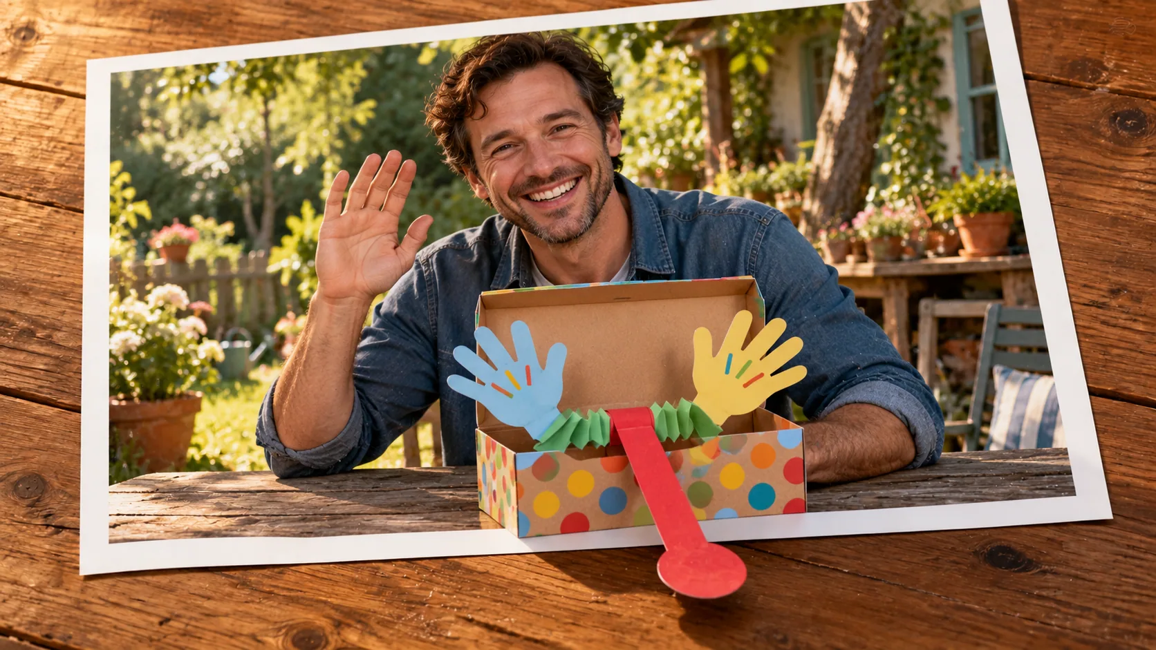 Photographic scene: Applause from the Surprise Box; as a photograph on wood with a protruding story prop.