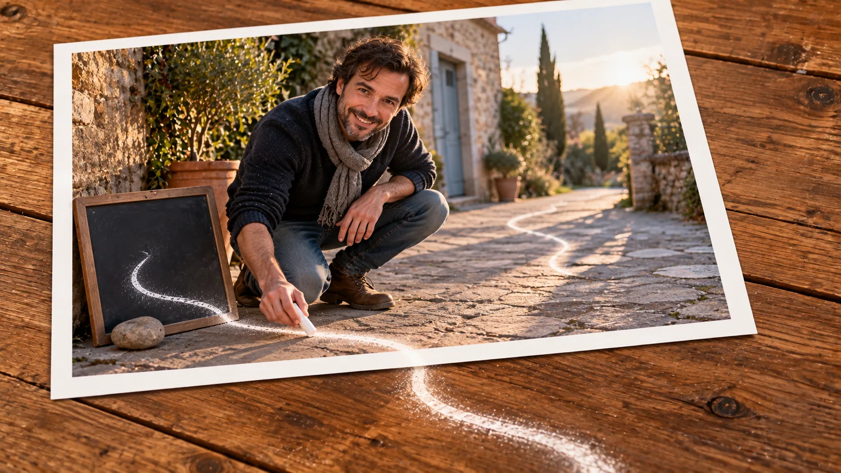 Photographic scene: The First Path of the New Year; as a photograph on wood with a protruding story prop.
