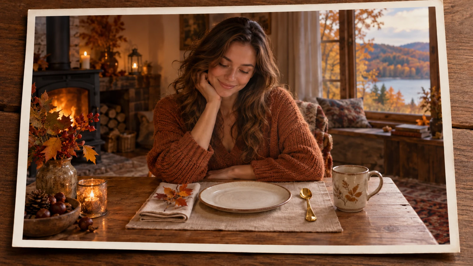 Woman at an autumn table set with one plate, mug and spoon.