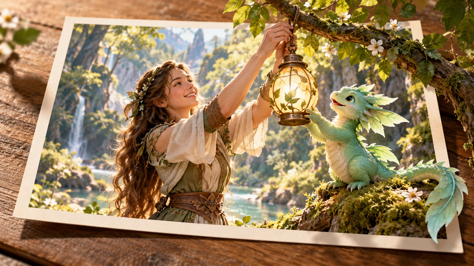 A woman and a small mint-colored dragon hang a glowing lantern on a branch extending beyond the photo.