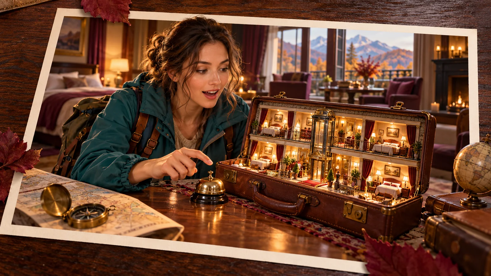 Woman holding her hand above a hotel bell beside an open suitcase filled with illuminated miniature rooms.