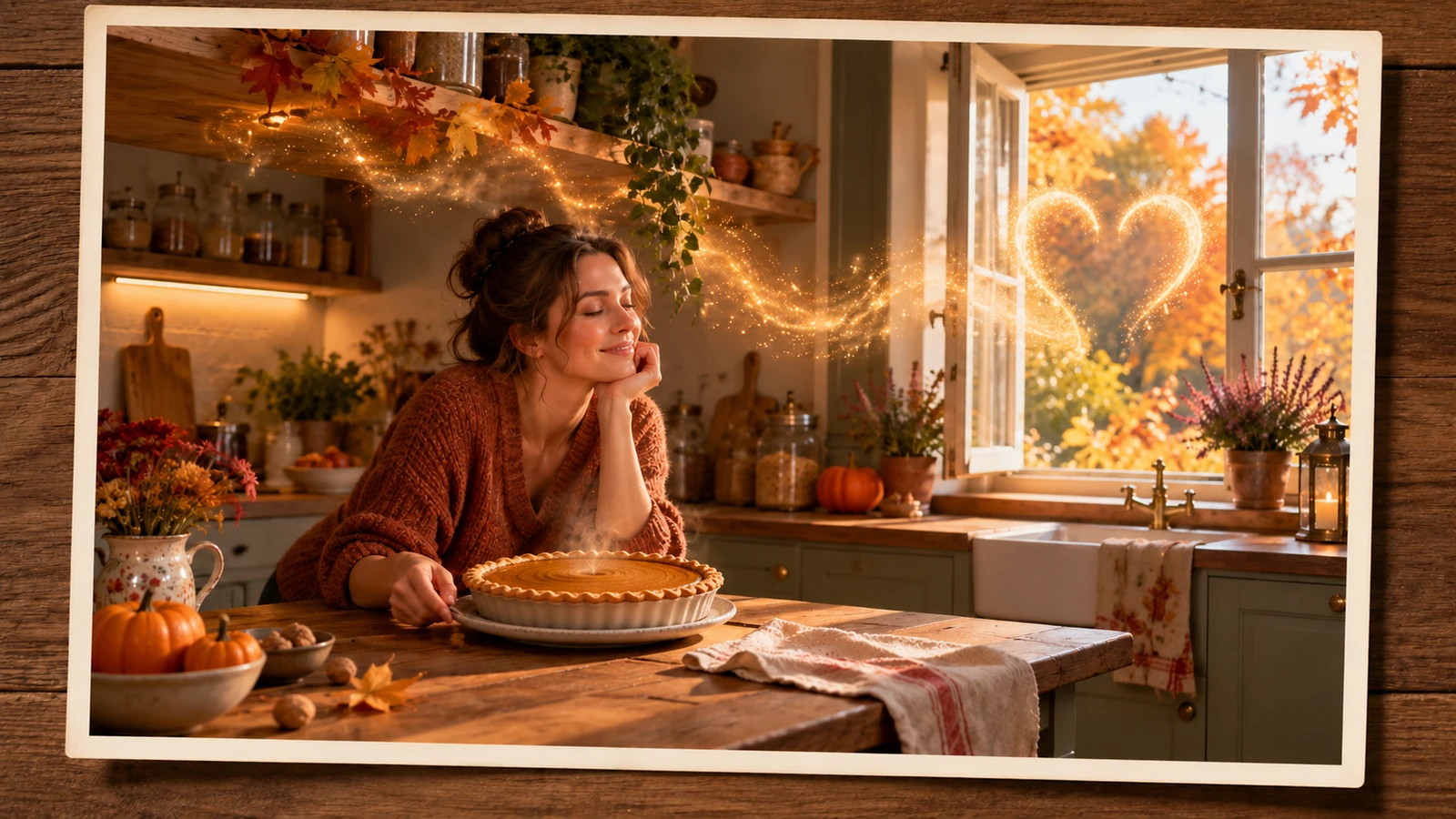 Woman beside a cake in a kitchen with an open window and a glowing heart-shaped scent trail.