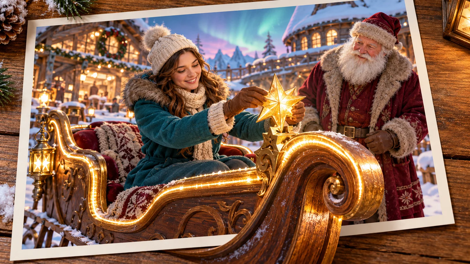 A woman fits a glowing star into a fantasy sleigh beside Santa Claus, with the sleigh extending beyond the photograph.