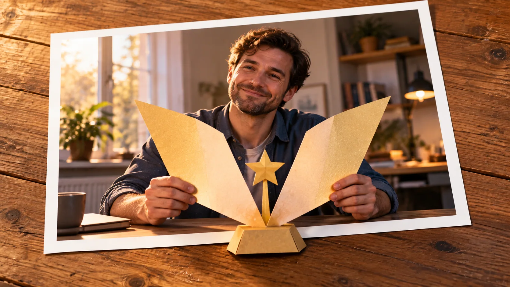 Photographic scene: The Trophy for Your Next Step; as a photograph on wood with a protruding story prop.