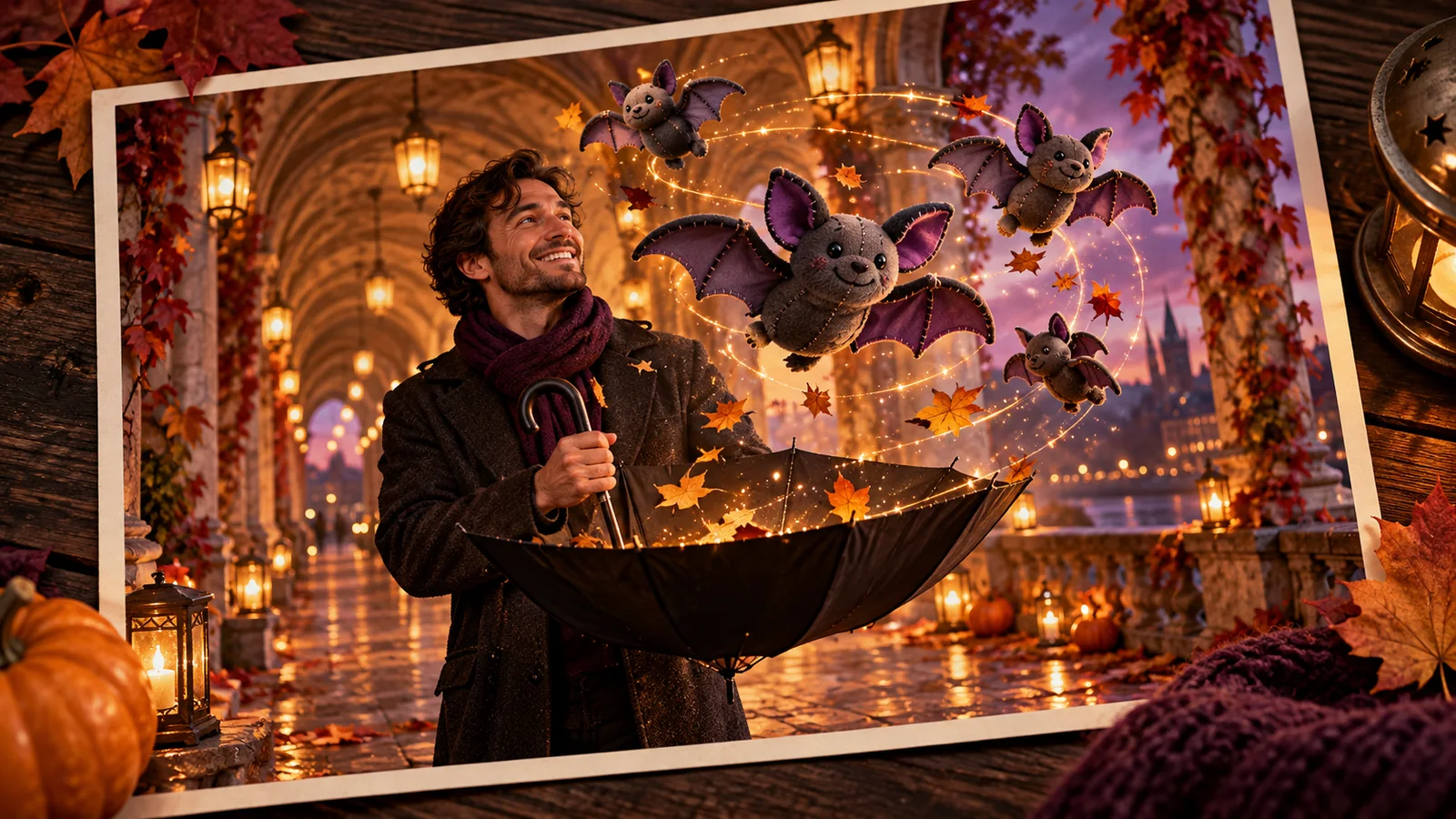 Man in an autumn arcade holding an upside-down umbrella beneath floating plush bats.