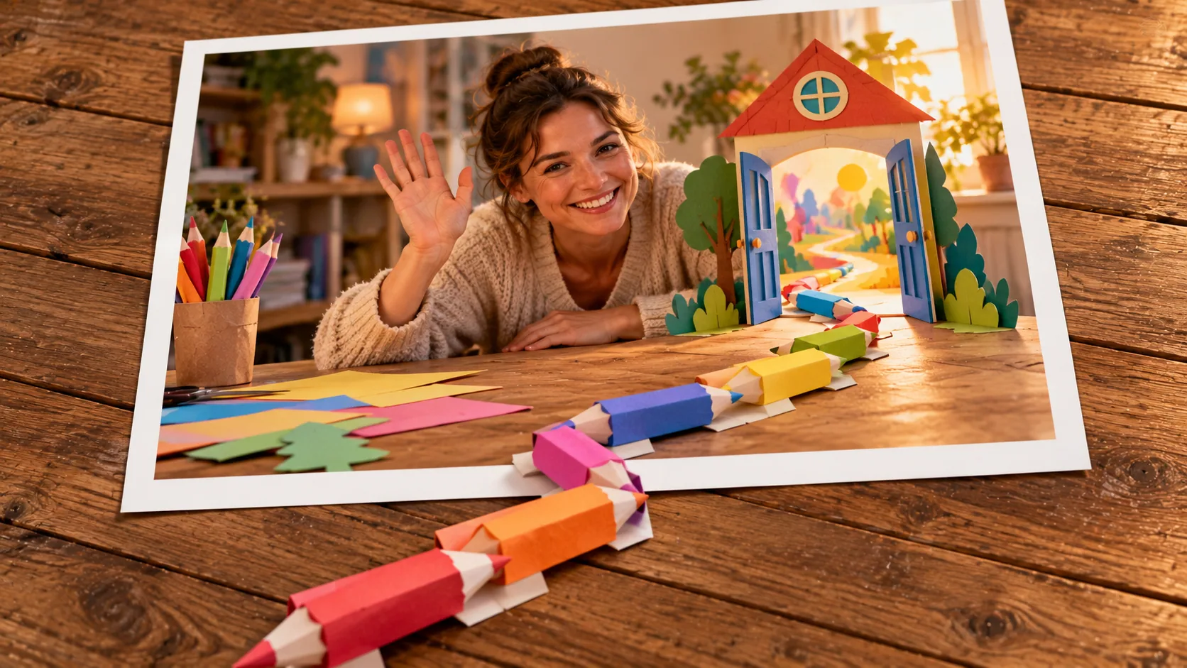 Photographic scene: The Path to School Made of Coloured Pencils; as a photograph on wood with a protruding story prop.