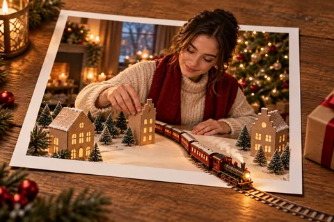 Der Zug aus Skizzen: Eine gezeichnete Eisenbahn fährt durch eine selbst entworfene Stadt.