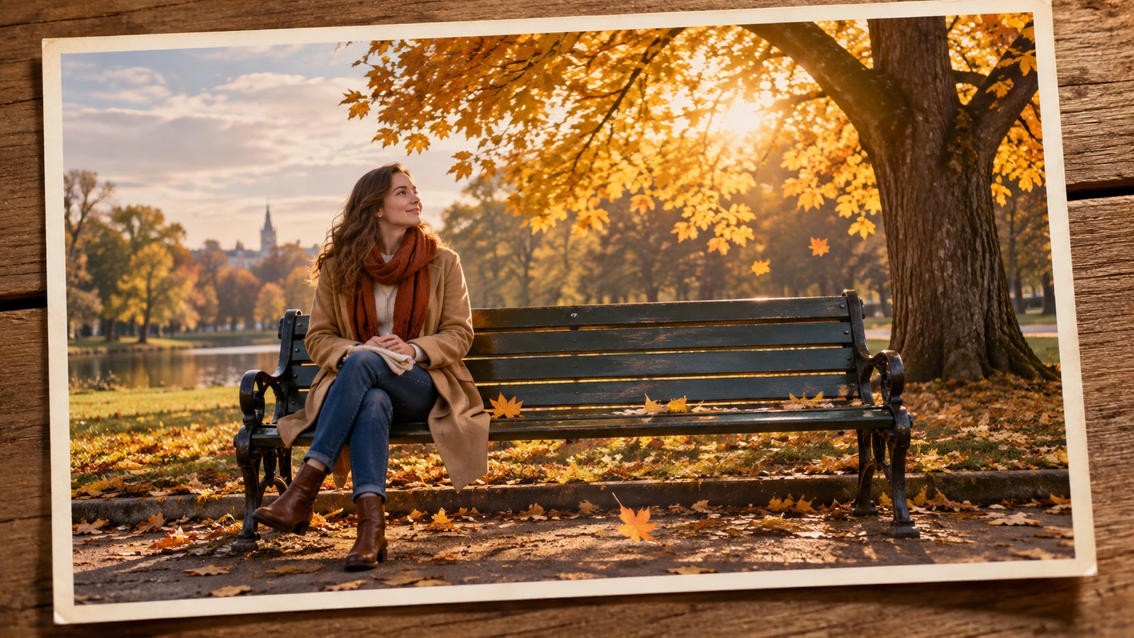 Woman sitting alone on a park bench under golden leaves, with the other side of the bench empty.