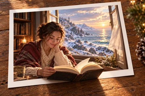 Die Bibliothek am Meer: Ein Lesesaal verbindet sich durch offene Fenster mit einer erfundenen Küste.