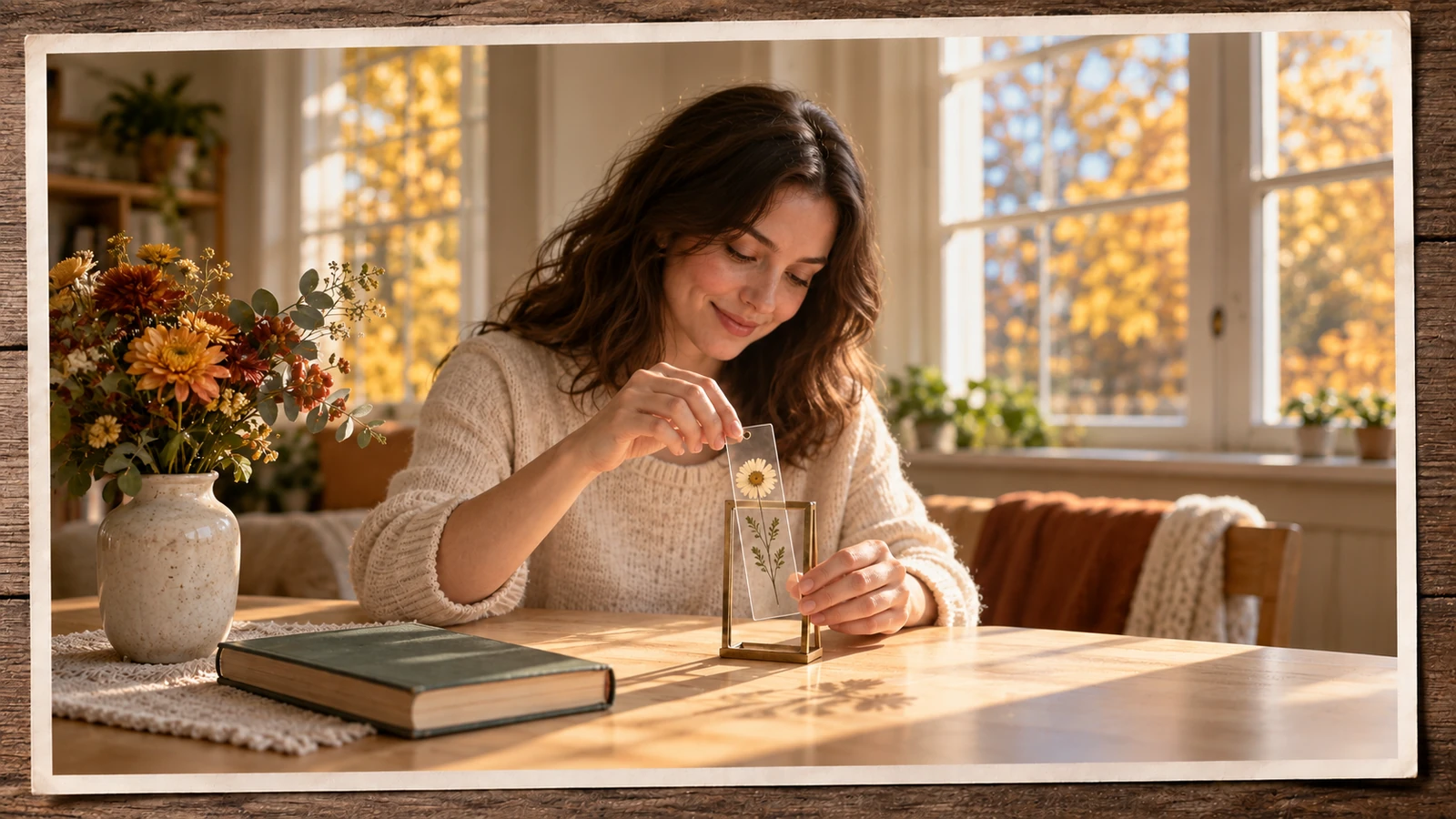 Woman placing a transparent bookmark with a flower in an upright frame beside a vase and closed book.