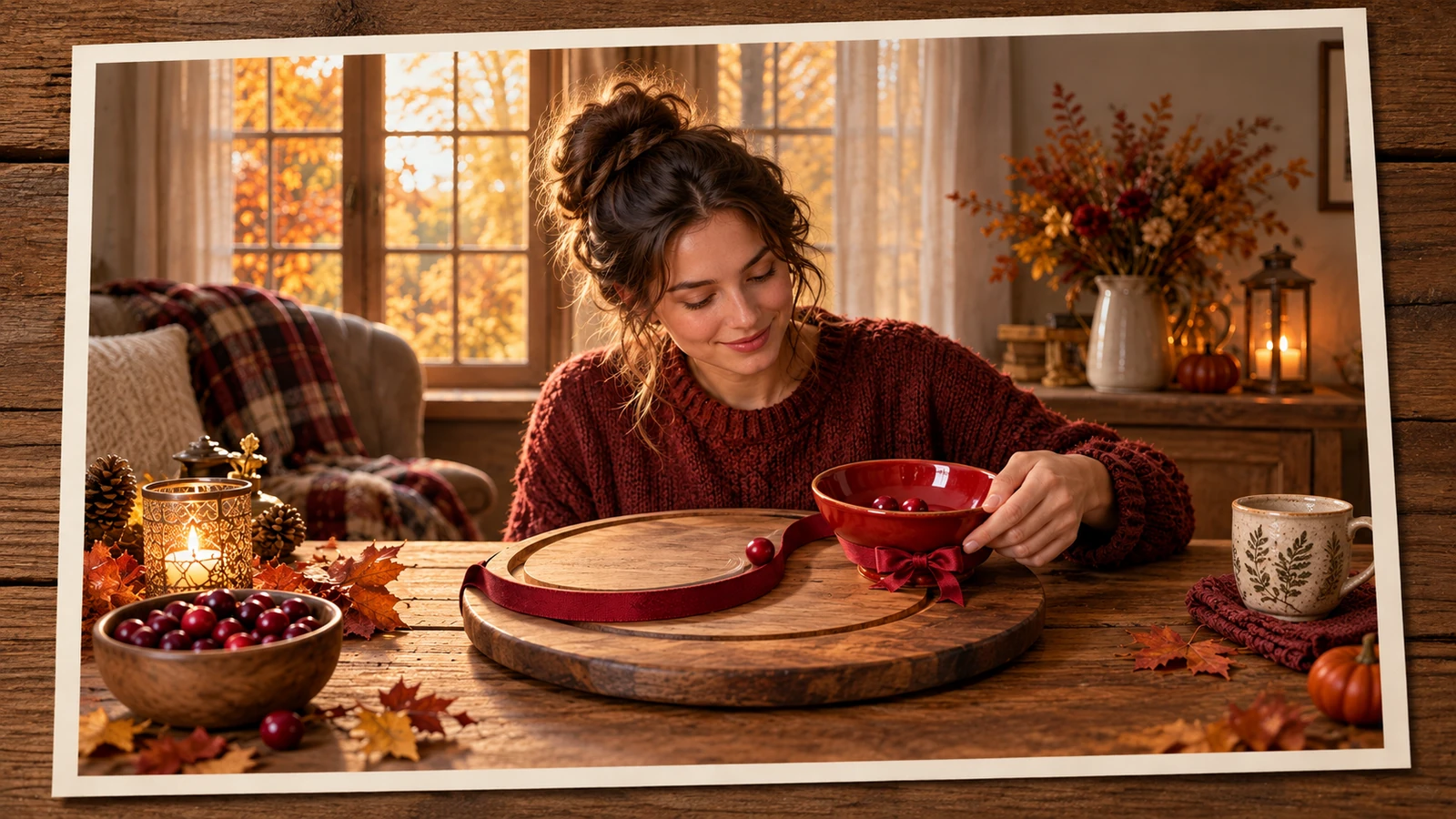 Woman watching a cranberry beside a curved fabric ribbon in front of a red bowl.