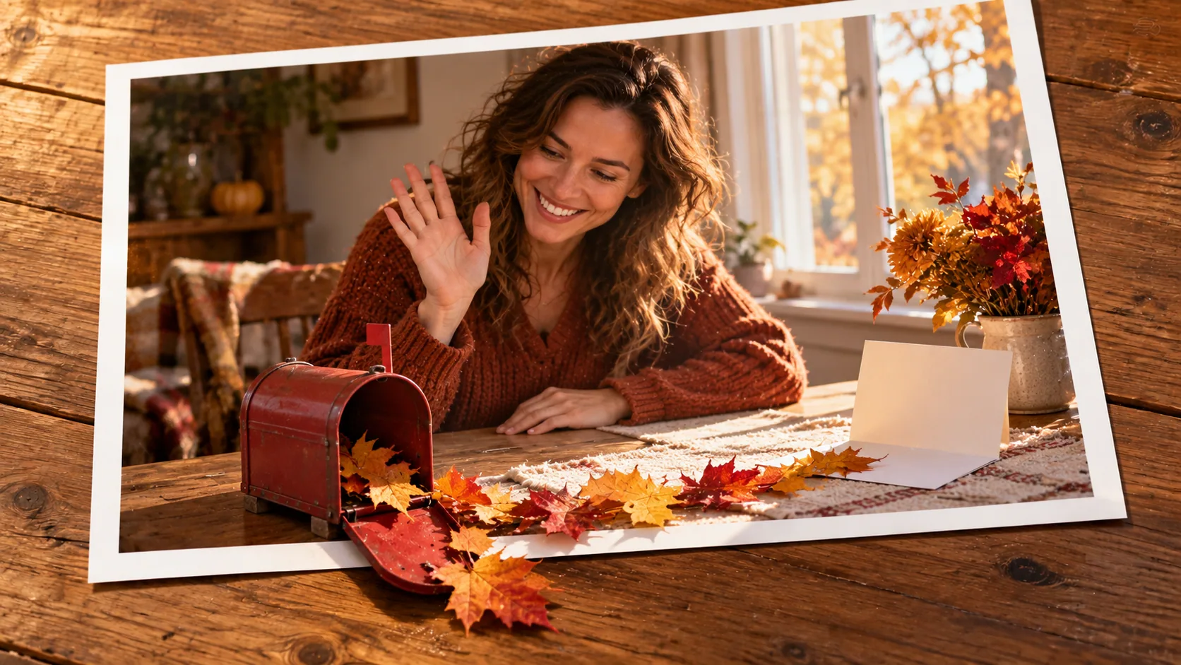 Photographic scene: The Thank-You Leaf Delivery; as a photograph on wood with a protruding story prop.