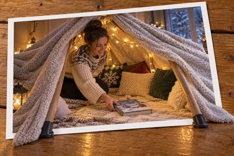 The Blanket Becomes a Tent: A blanket opens a spacious imaginary tent filled with winter light.