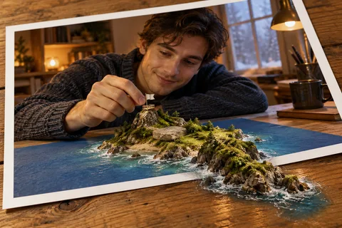 The Desk Island: A flat stone turns a desk into a small island world.