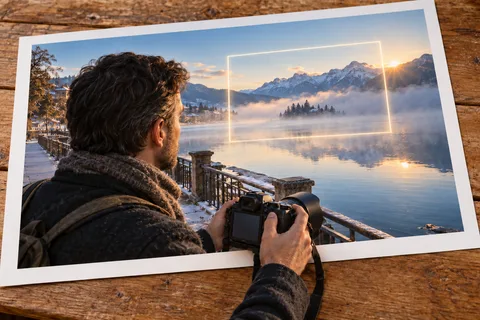 The Camera and the Blue Morning: A viewfinder frames an imaginary morning between lake and mountains.