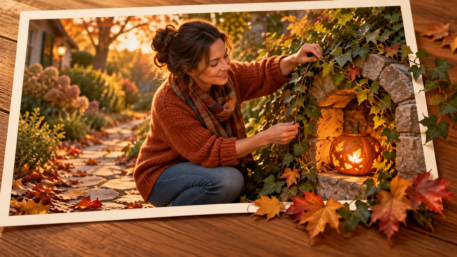 A woman lifts a vine beside a glowing pumpkin lantern as autumn leaves extend beyond the photograph.
