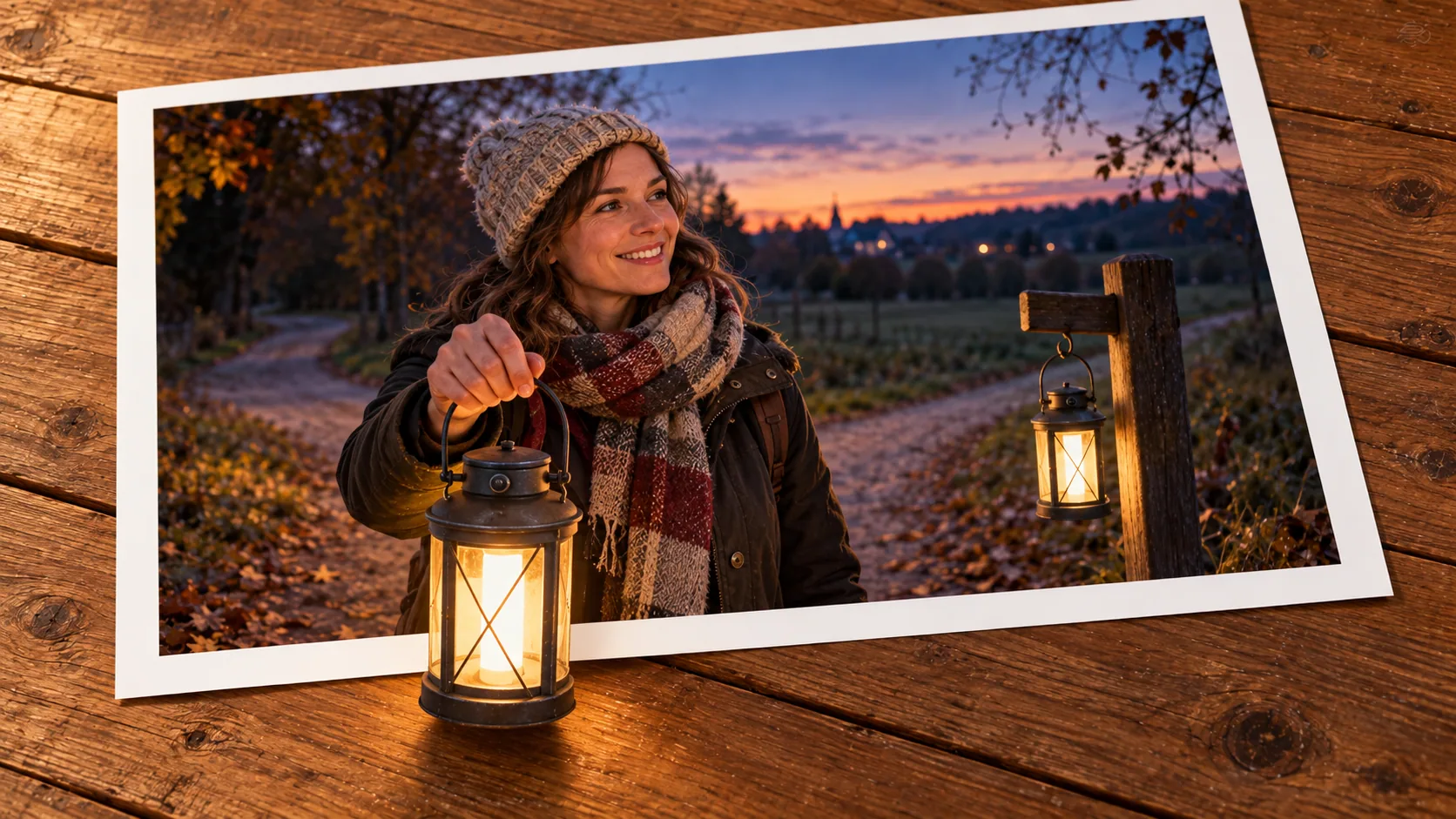 Photographic scene: The Lantern for the Way Home; as a photograph on wood with a protruding story prop.
