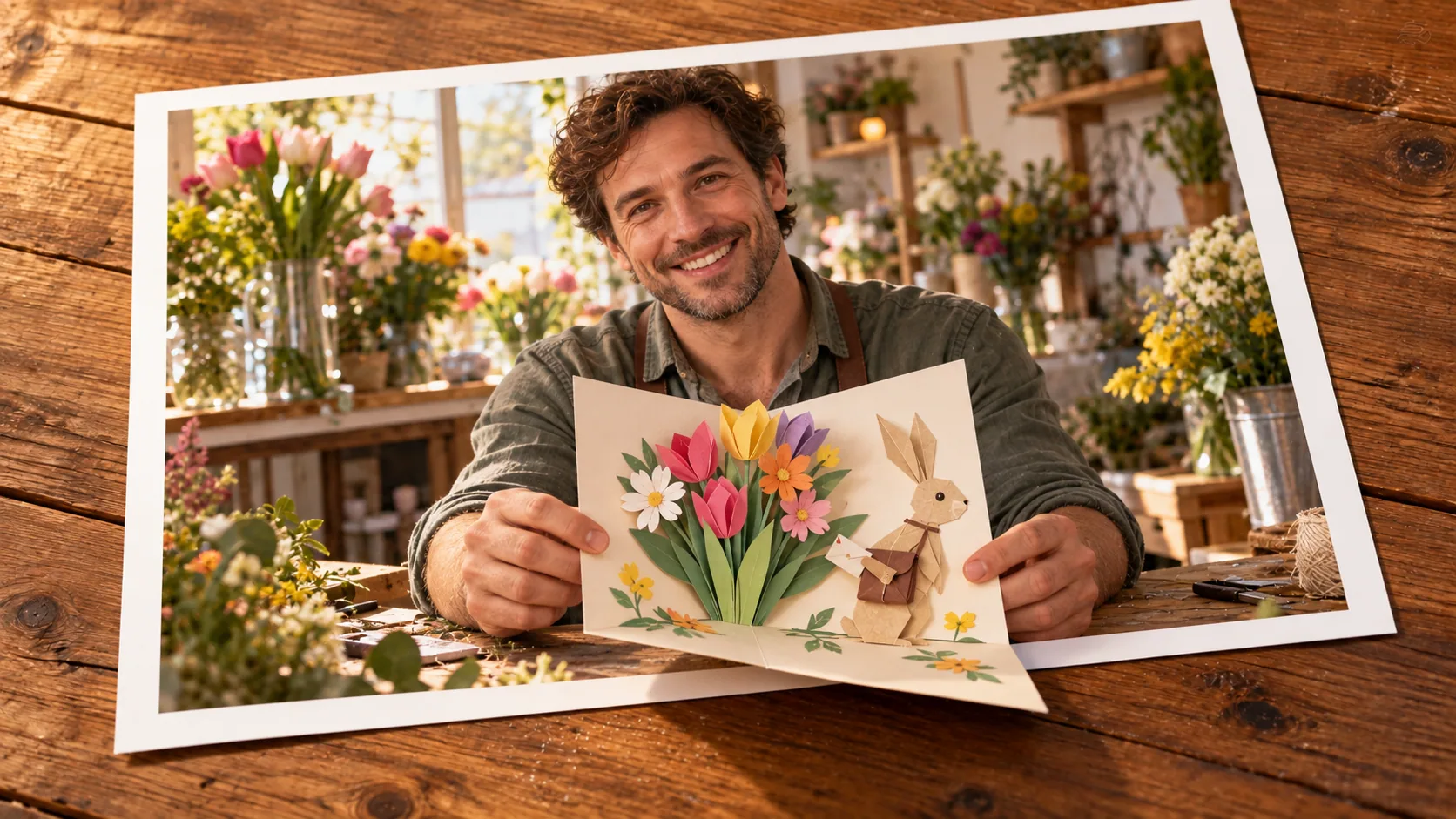 Photographic scene: Easter Mail from the Flower Shop; as a photograph on wood with a protruding story prop.