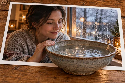 The Bowl Collects Rain: Light droplets form a quiet circular pattern in a ceramic bowl.