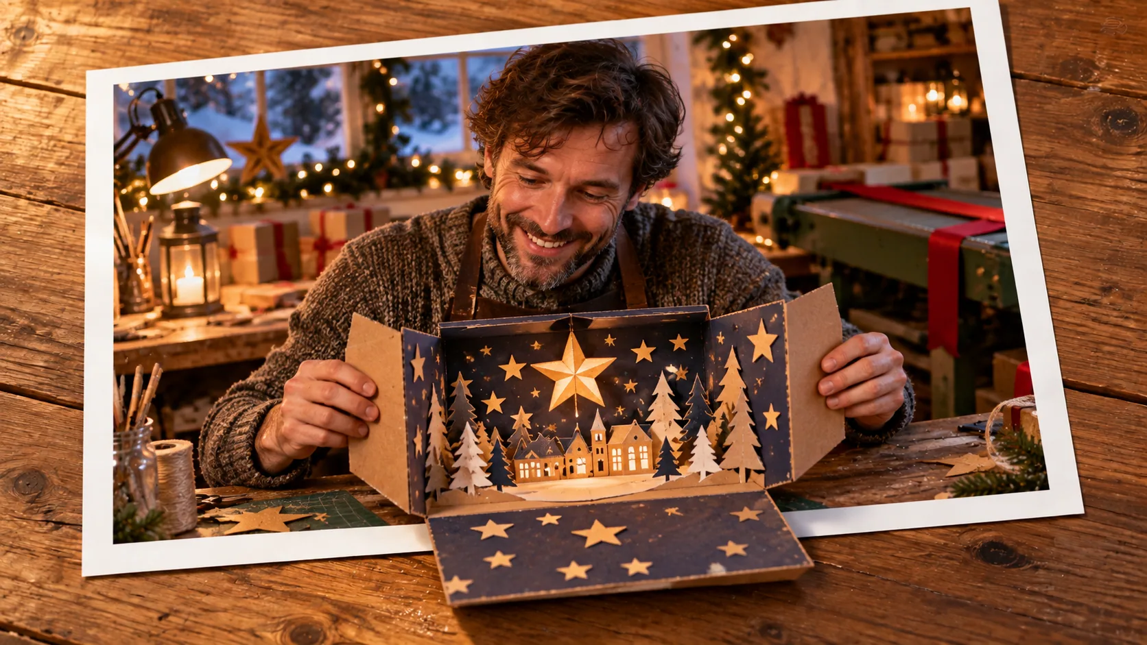 Photographic scene: The Workshop of Topsy-Turvy Bows; as a photograph on wood with a protruding story prop.