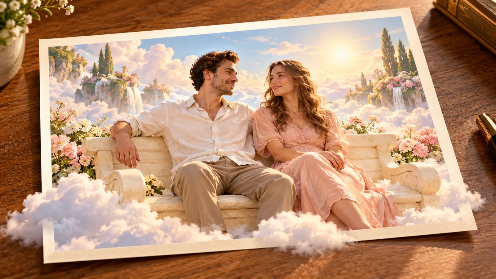 Two adults sit on a cream bench in a cloud garden; soft clouds spill beyond the photograph.