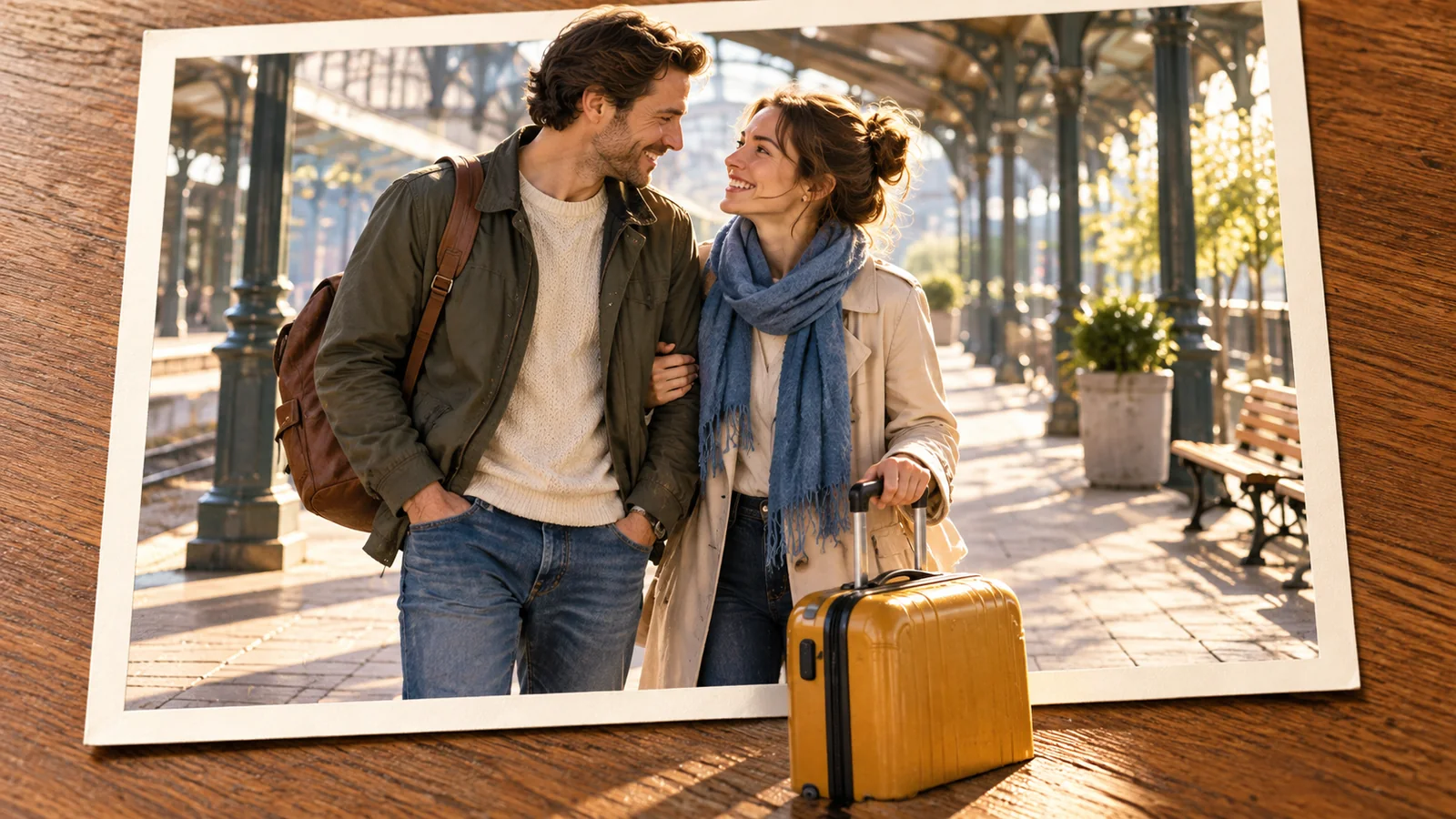Two adults smile at each other on a bright station platform; a mustard-yellow suitcase extends beyond the photograph.