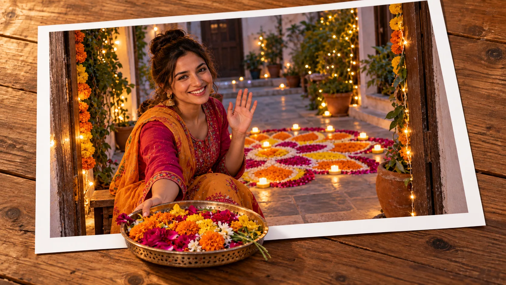 Photographic scene: A Colourful Welcome for Diwali; as a photograph on wood with a protruding story prop.