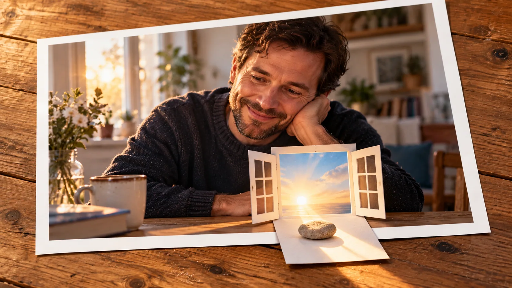 Photographic scene: A Window for a Good Wish; as a photograph on wood with a protruding story prop.