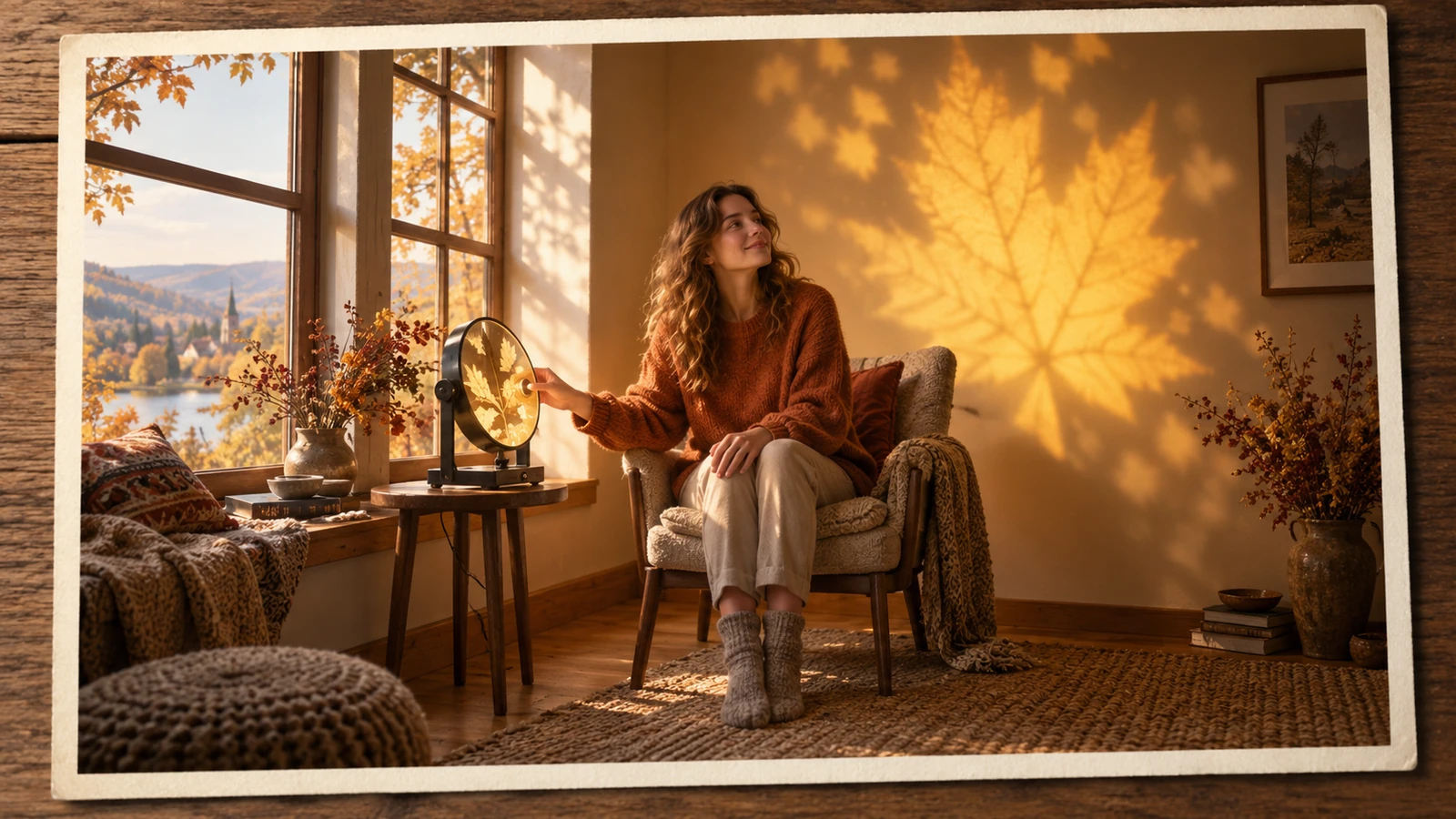 Woman by a window beside a rotating disc and a large golden leaf projection on the wall.