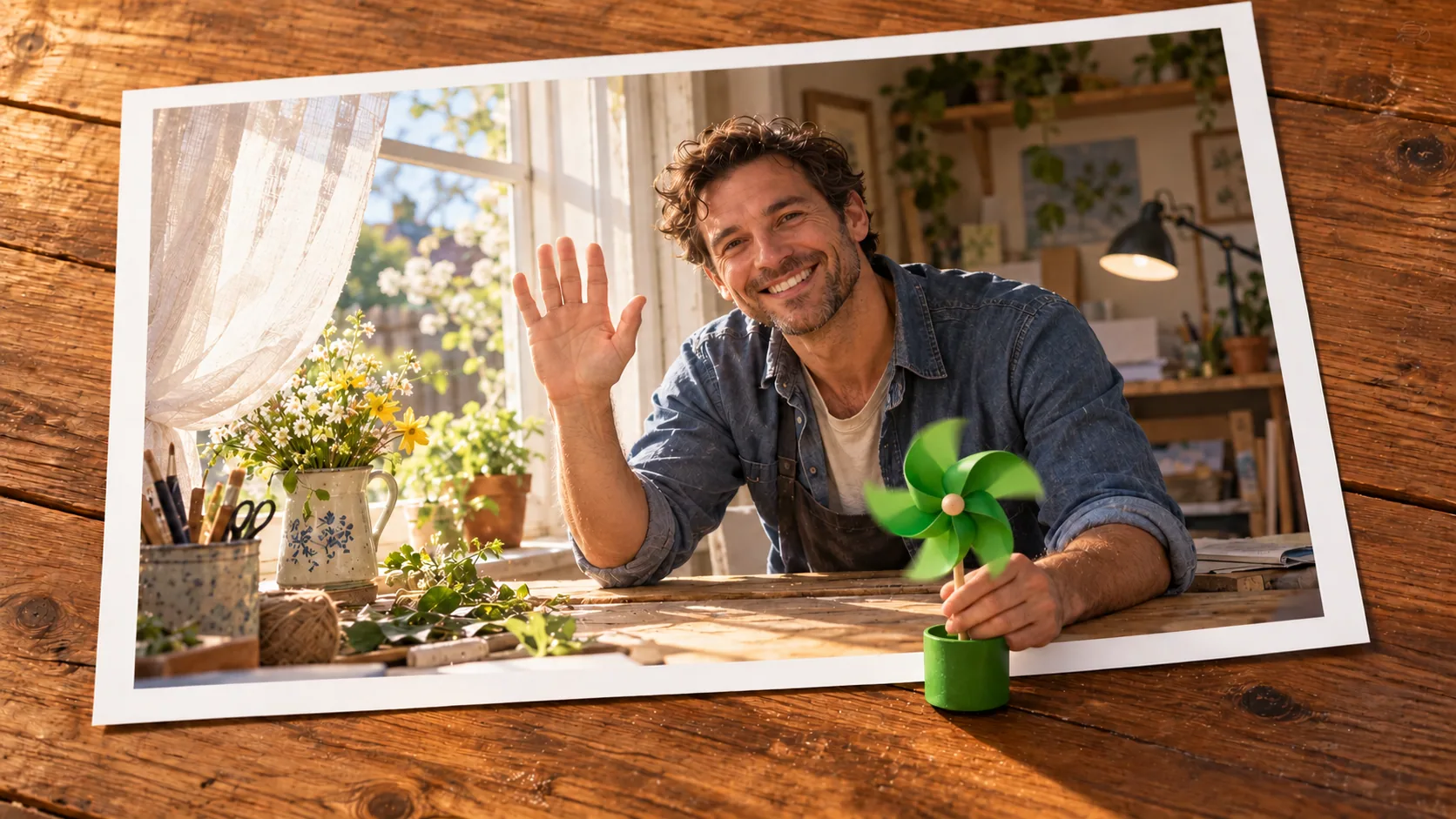 Photographic scene: A Green Pinwheel Sends a Smile; as a photograph on wood with a protruding story prop.