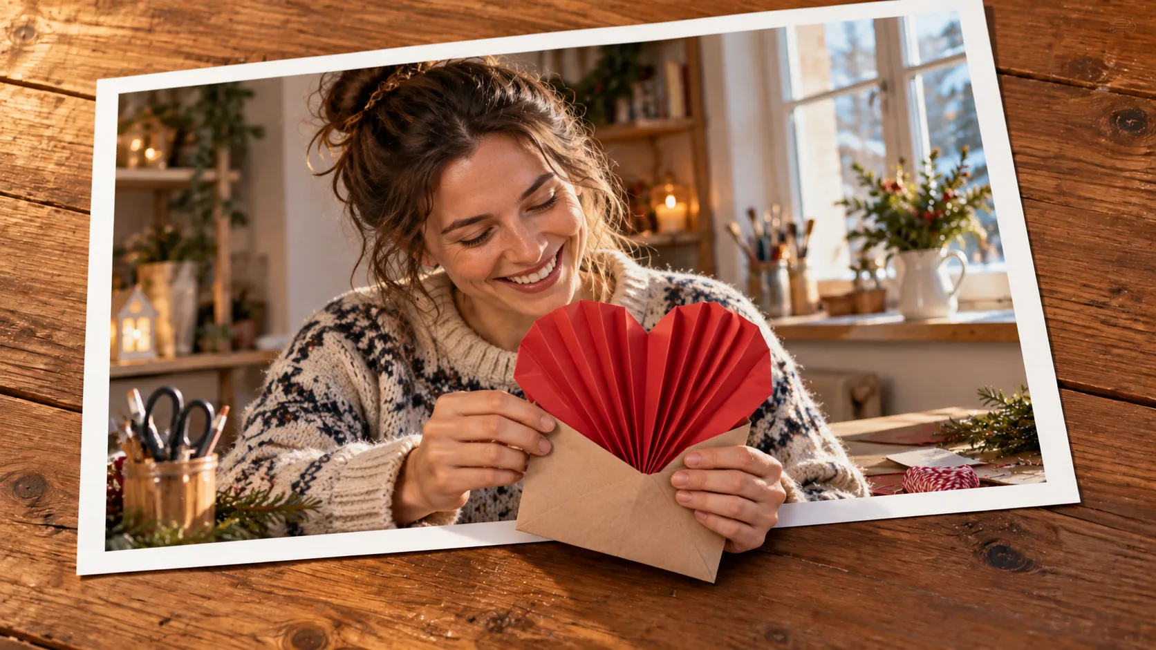 Photographic scene: A Heart Finds Its Envelope; as a photograph on wood with a protruding story prop.