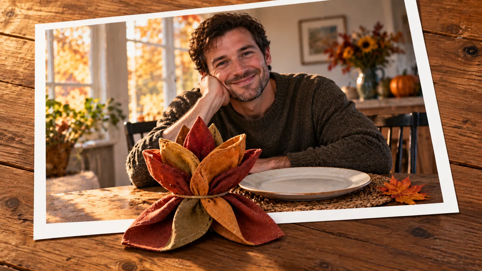 Photographic scene: A Little Place for Thanks; as a photograph on wood with a protruding story prop.