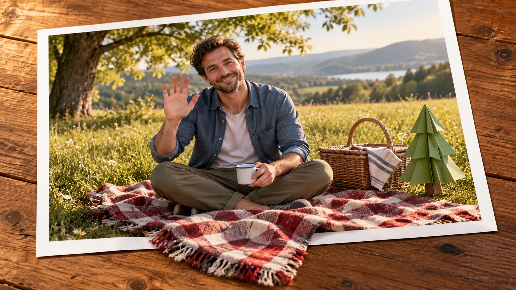 Photographic scene: A Picnic Without Hurry; as a photograph on wood with a protruding story prop.