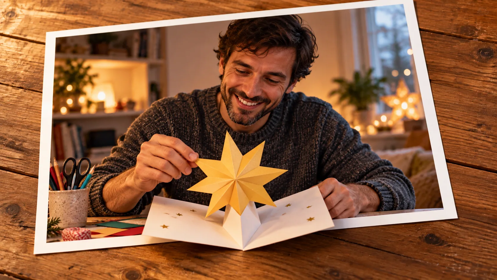Photographic scene: A Star for Your Three Kings’ Greeting; as a photograph on wood with a protruding story prop.