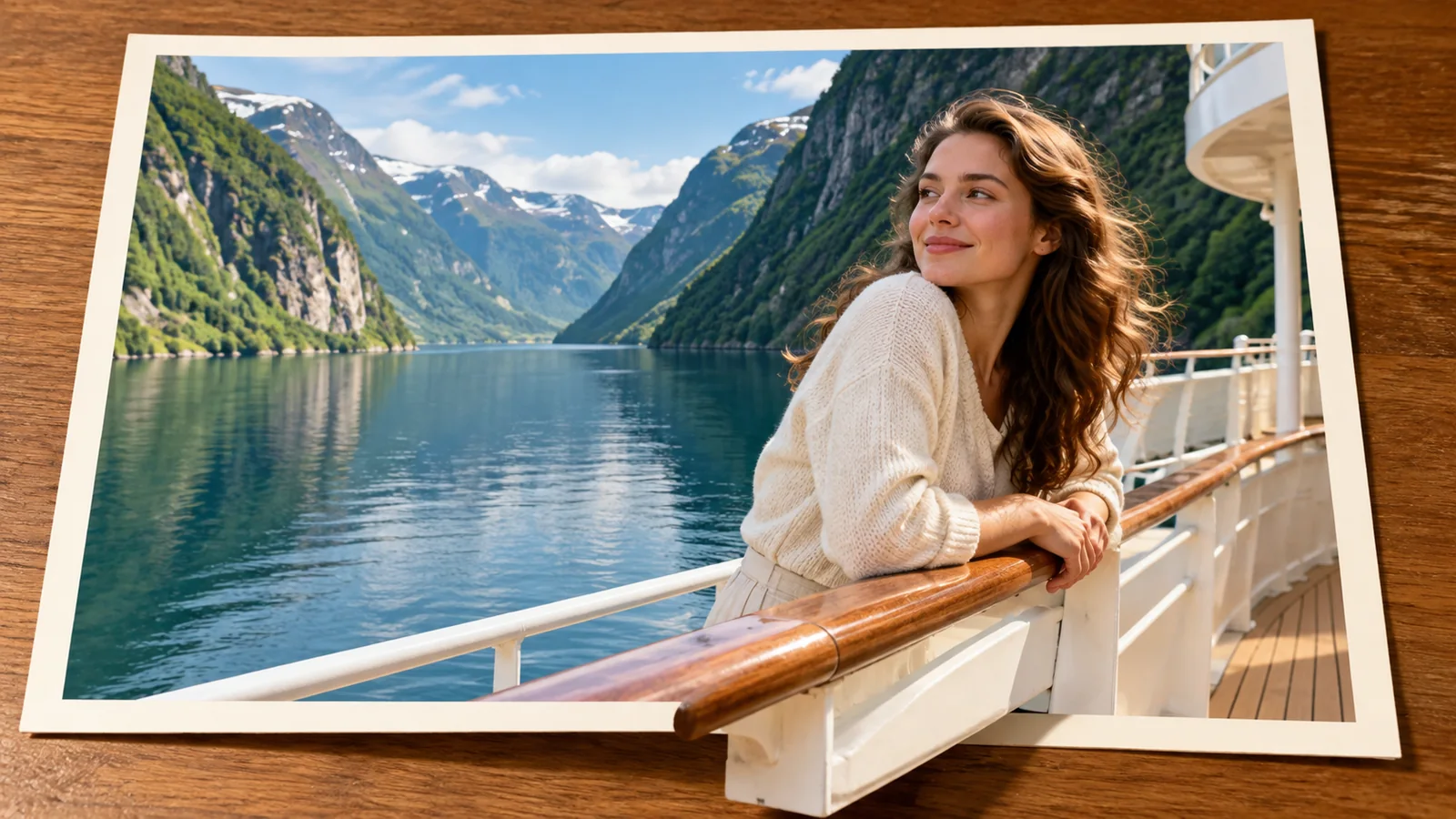A woman leans on a ship railing before green fjord walls; part of the railing emerges from the photograph.