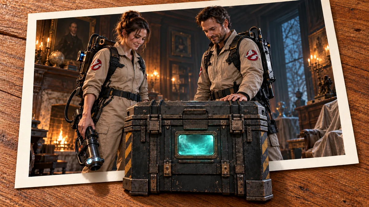 Photo collage: Two people in overalls with technical backpacks beside a dark chest with a turquoise glowing window.