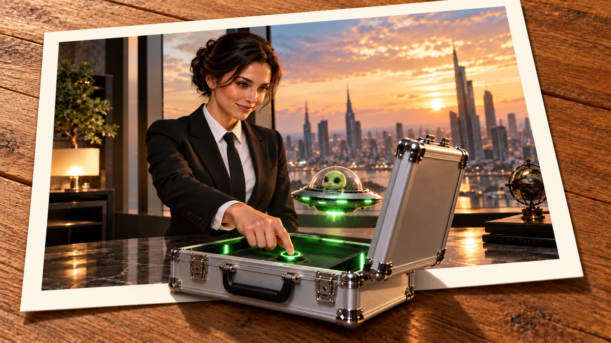 Photo collage: Woman in a black suit opening a glowing case beside a small hovering spacecraft with a green creature.