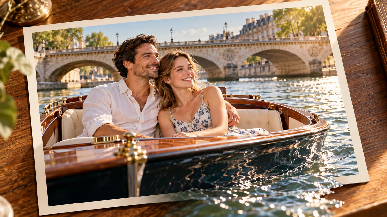 Two adults sit in a wooden boat in front of a pale stone bridge; the boat and water extend beyond the photograph.