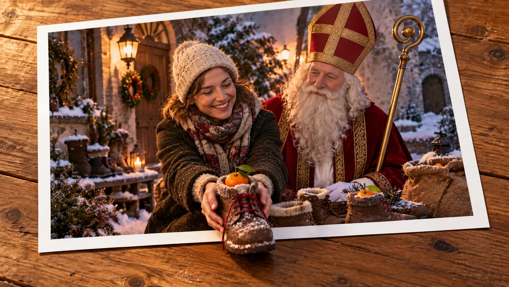 Photographic scene: Saint Nicholas and the Last Shoe; as a photograph on wood with a protruding story prop.